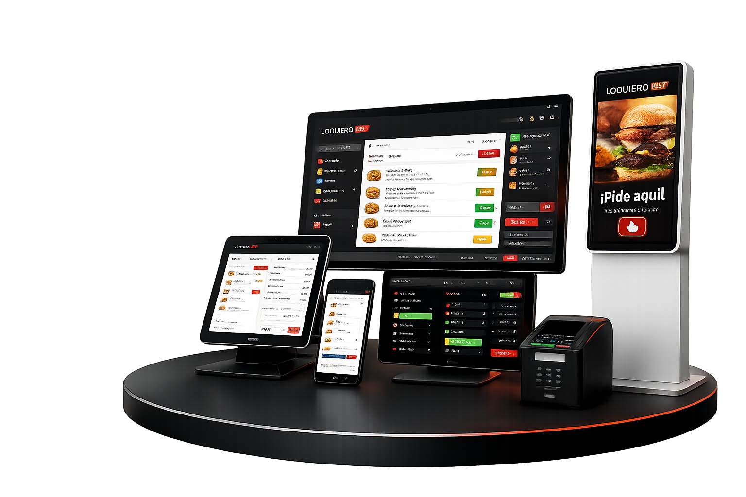 Equipos Loquiero Rest con pantallas POS, pedidos web, kiosko, cocina y pago