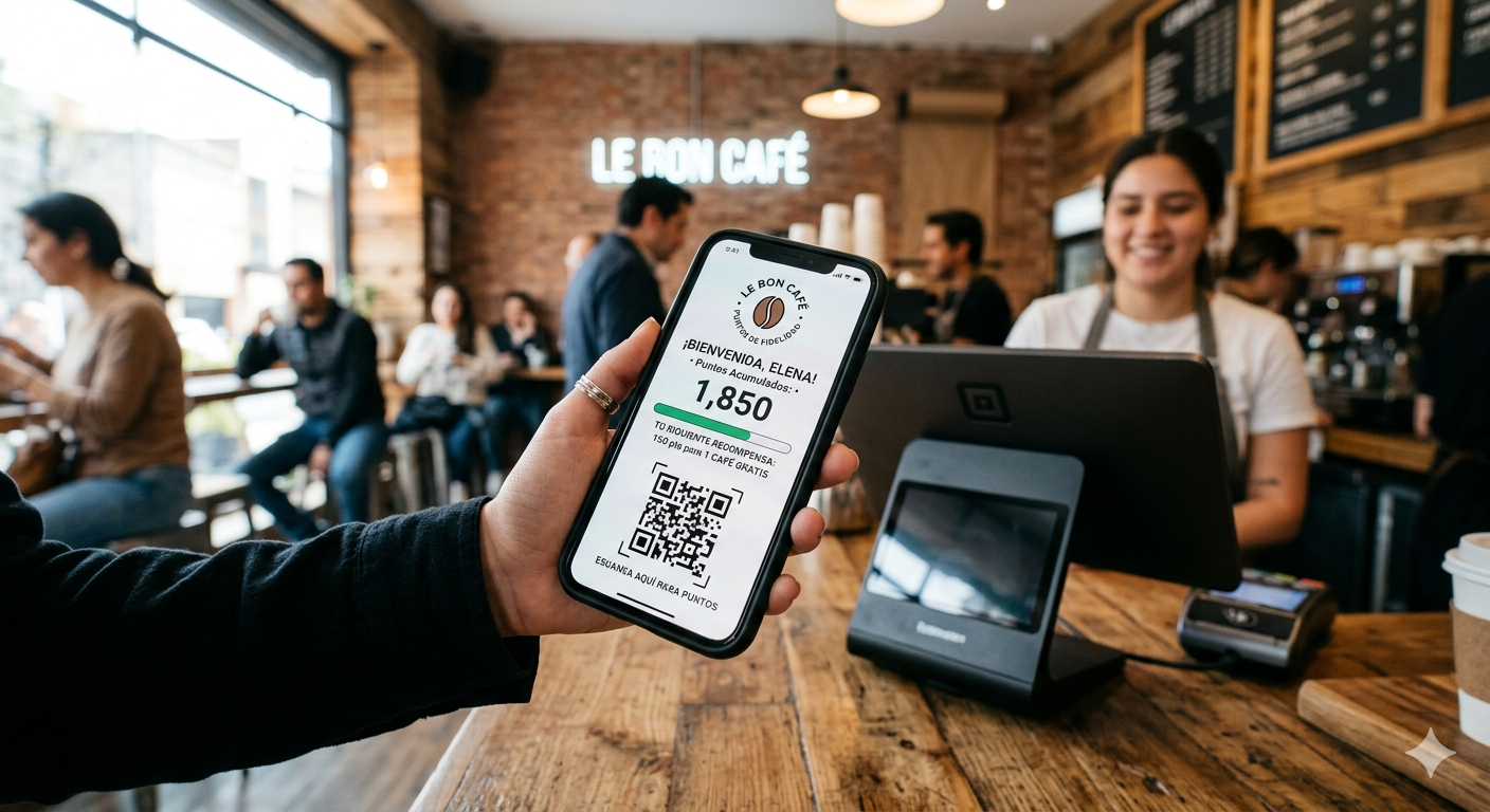 Cliente mostrando puntos de fidelidad con QR en restaurante